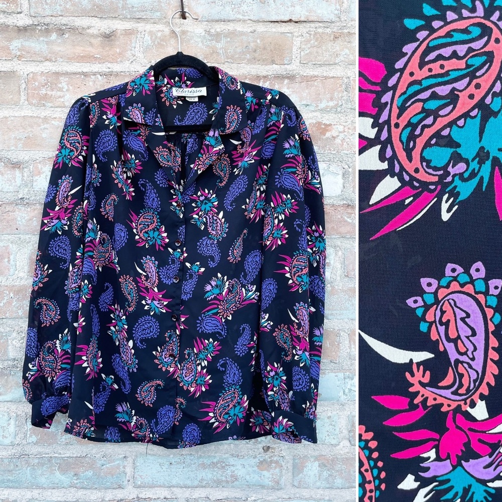 Vintage Paisley Blouse 90s Black Semi-Sheer Silky Button Front Top Jewel Tone XL